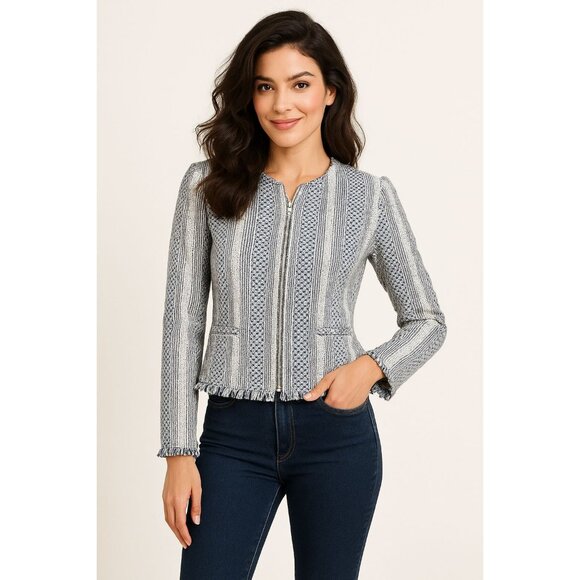 Adrienne Vittadini Small Woven Cotton Fringe Tweed Zip Jacket Blue White New Tag - Picture 1 of 16